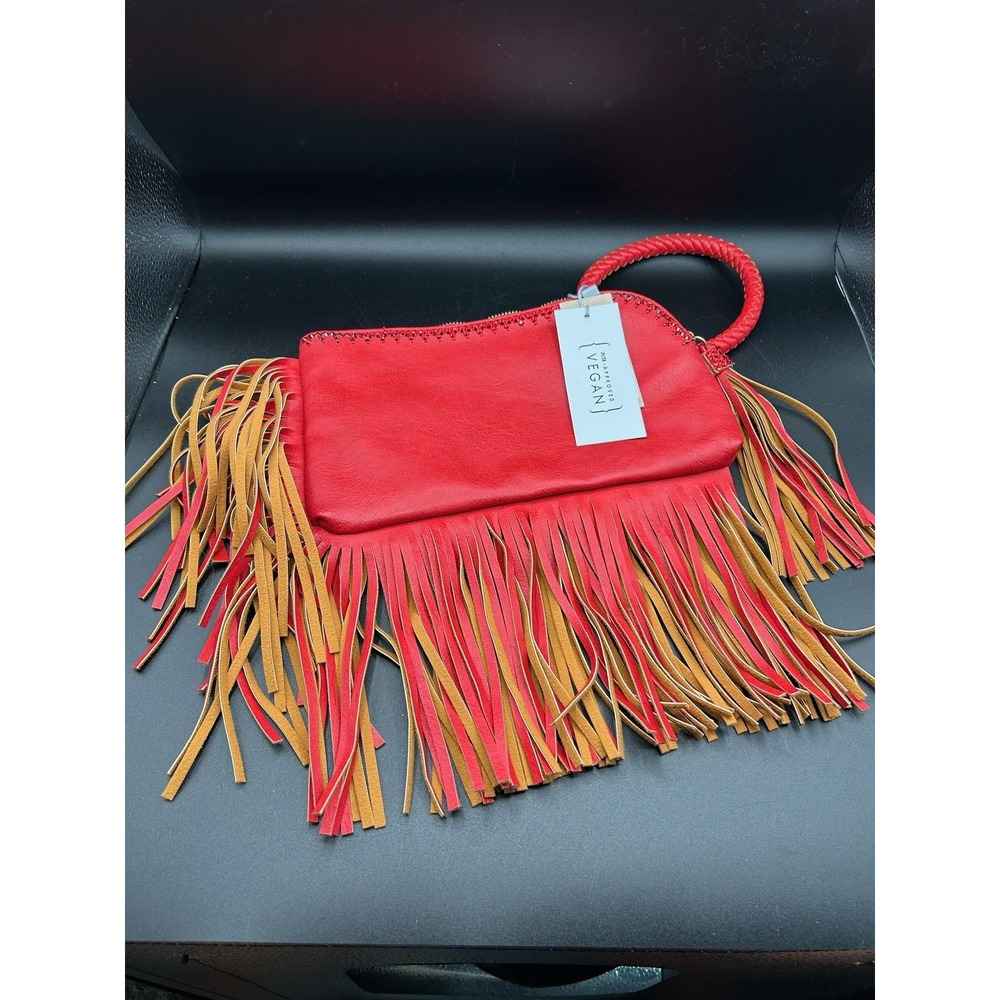 Calin Collection Vegan Leather Wristlet Clutch Purse Fringe NWT Red Boho Rodeo